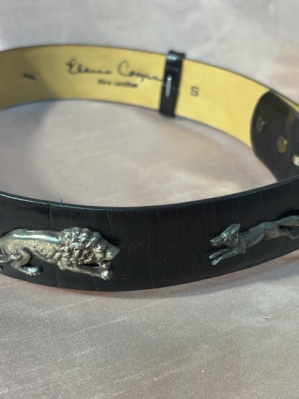Vintage 1980s black leather belt with silver tone hardware foxes lions small
